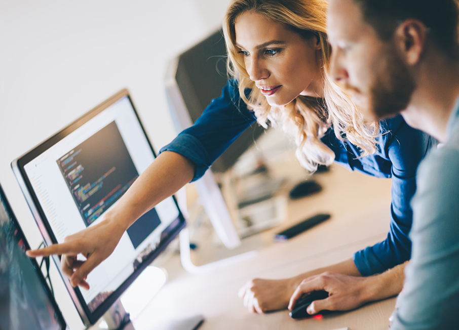 Lady pointing at desktop screen with collegaue